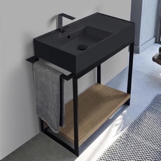 Console Sink Vanity With Matte Black Ceramic Sink and Natural Brown Oak Shelf Scarabeo 5115-49-SOL2-89